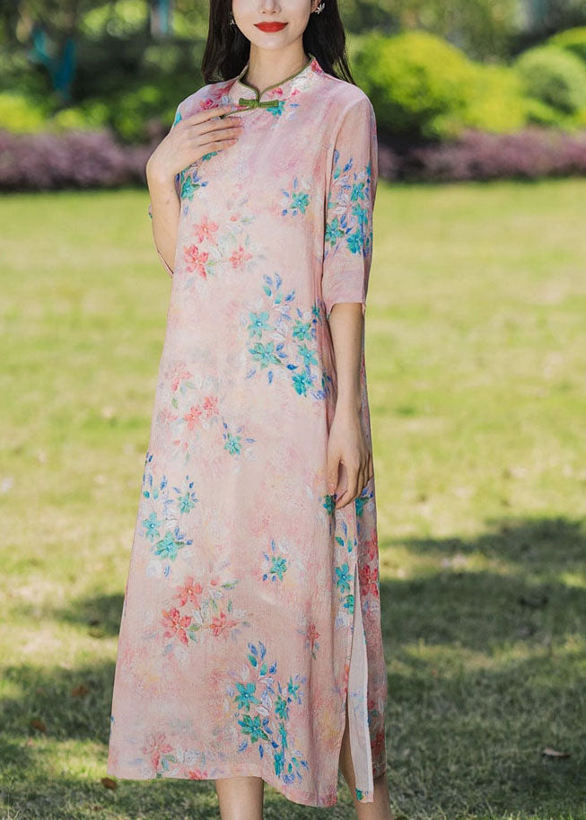 Bohemian Pink Stand Collar Print Patchwork Linen Dress Summer