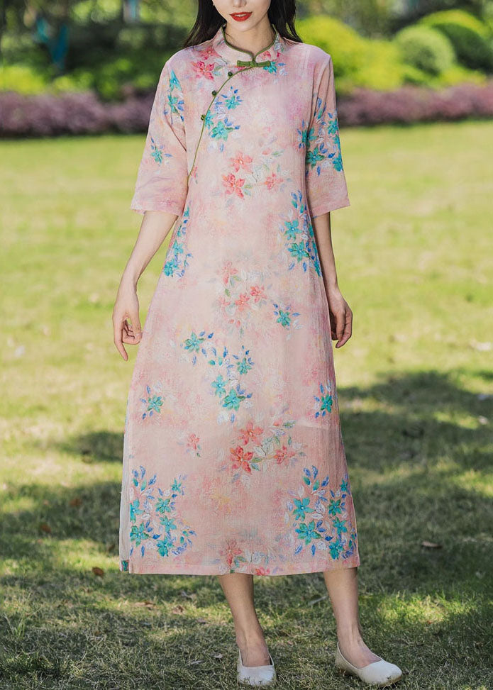 Bohemian Pink Stand Collar Print Patchwork Linen Dress Summer
