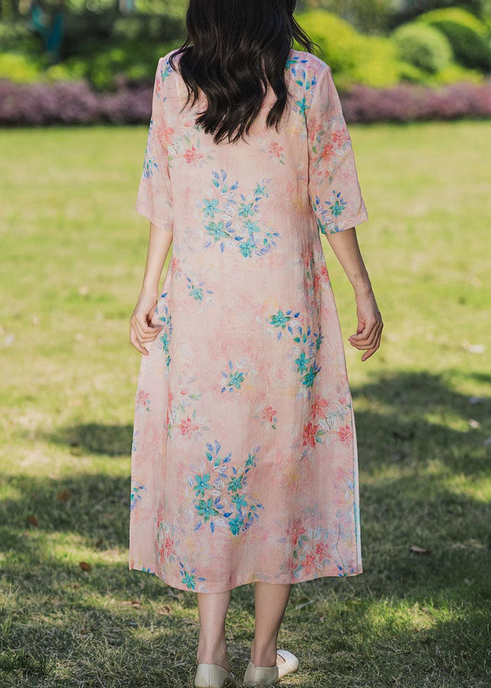 Bohemian Pink Stand Collar Print Patchwork Linen Dress Summer