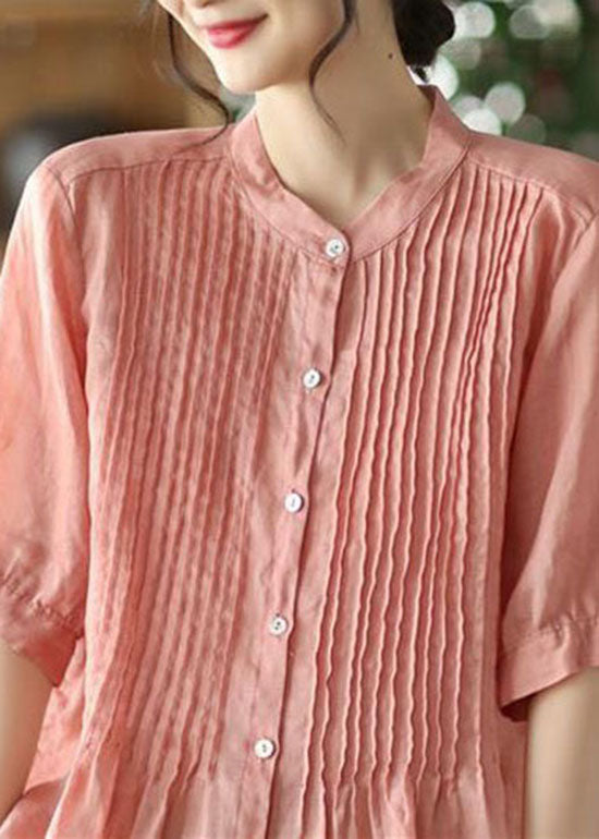 Bohemian Pink Stand Collar Wrinkled Patchwork Linen Shirt Tops Summer