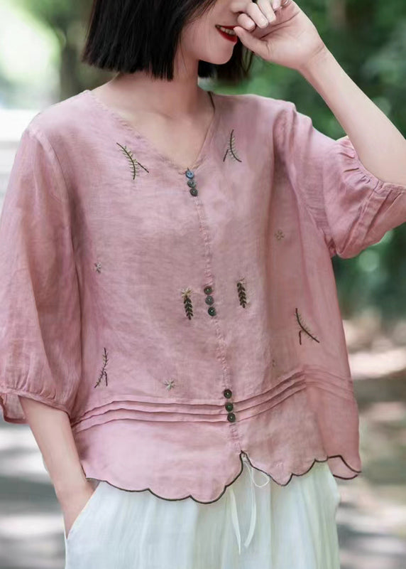 Bohemian Pink V Neck Embroideried Wrinkled Ramie Tops Fall
