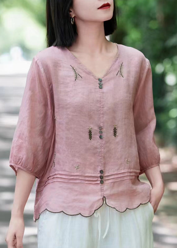 Bohemian Pink V Neck Embroideried Wrinkled Ramie Tops Fall