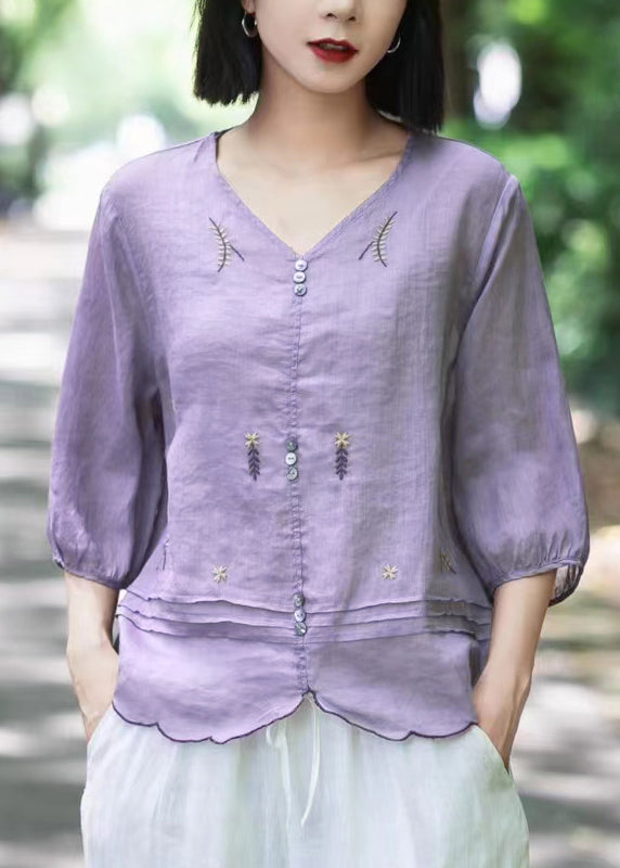Bohemian Pink V Neck Embroideried Wrinkled Ramie Tops Fall