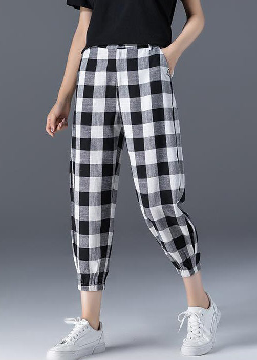 Bohemian Plaid Pockets Elastic Waist Ice Silk Crop Pants Summer