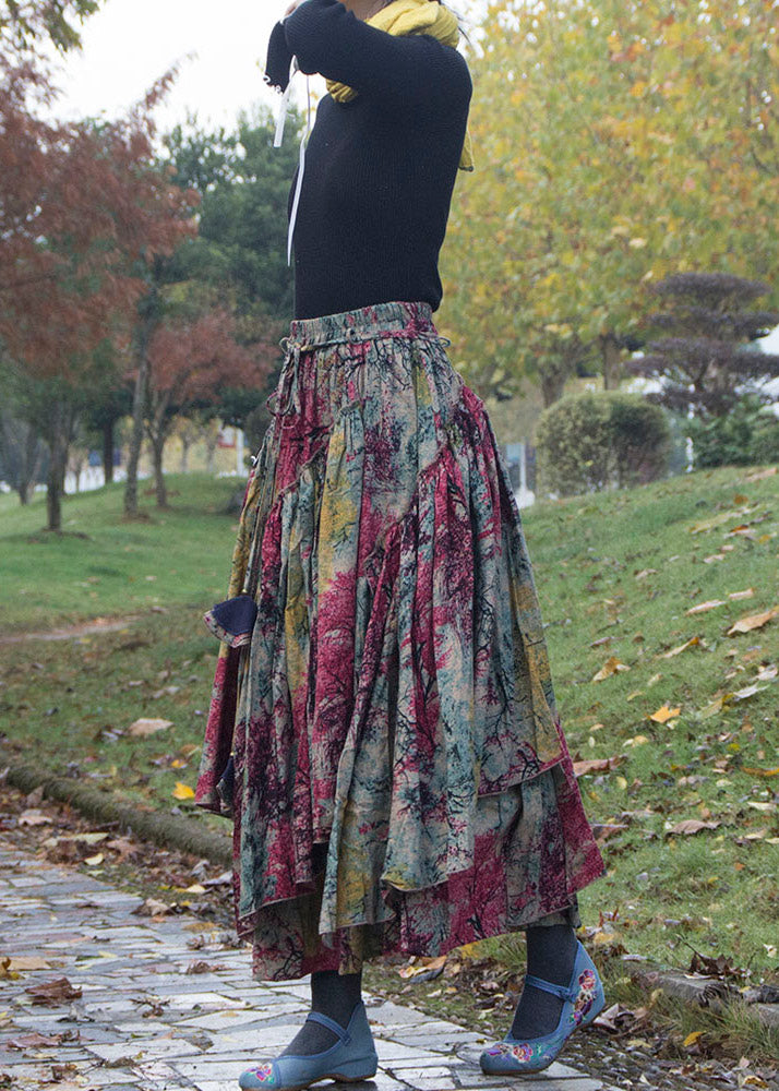 Bohemian Print Wrinkled Asymmetrical Patchwork Cotton Skirts Fall