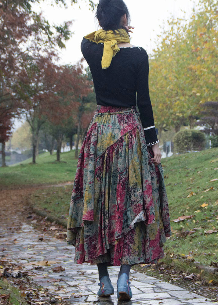 Bohemian Print Wrinkled Asymmetrical Patchwork Cotton Skirts Fall