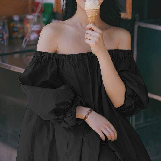 Bohemian Puff Sleeve Cotton dresses Outfits black Slash neck Dresses summer - Omychic