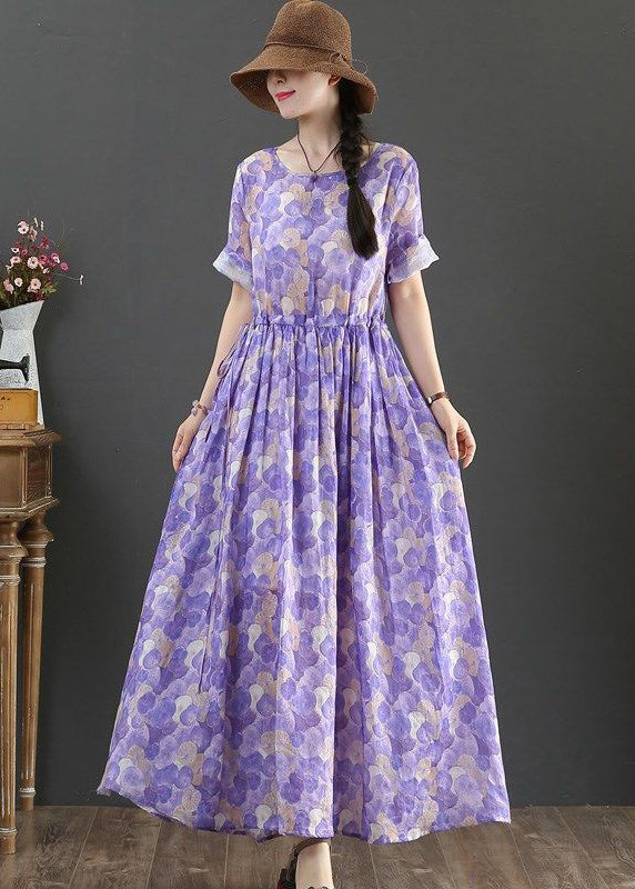 Bohemian Purple Cinched Print Extra Large Hem Cotton Dress Summer