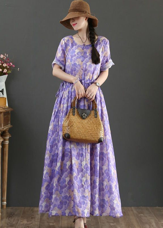 Bohemian Purple Cinched Print Extra Large Hem Cotton Dress Summer