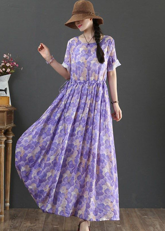 Bohemian Purple Cinched Print Extra Large Hem Cotton Dress Summer