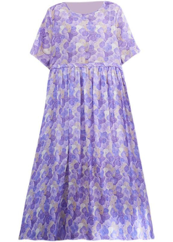 Bohemian Purple Cinched Print Extra Large Hem Cotton Dress Summer