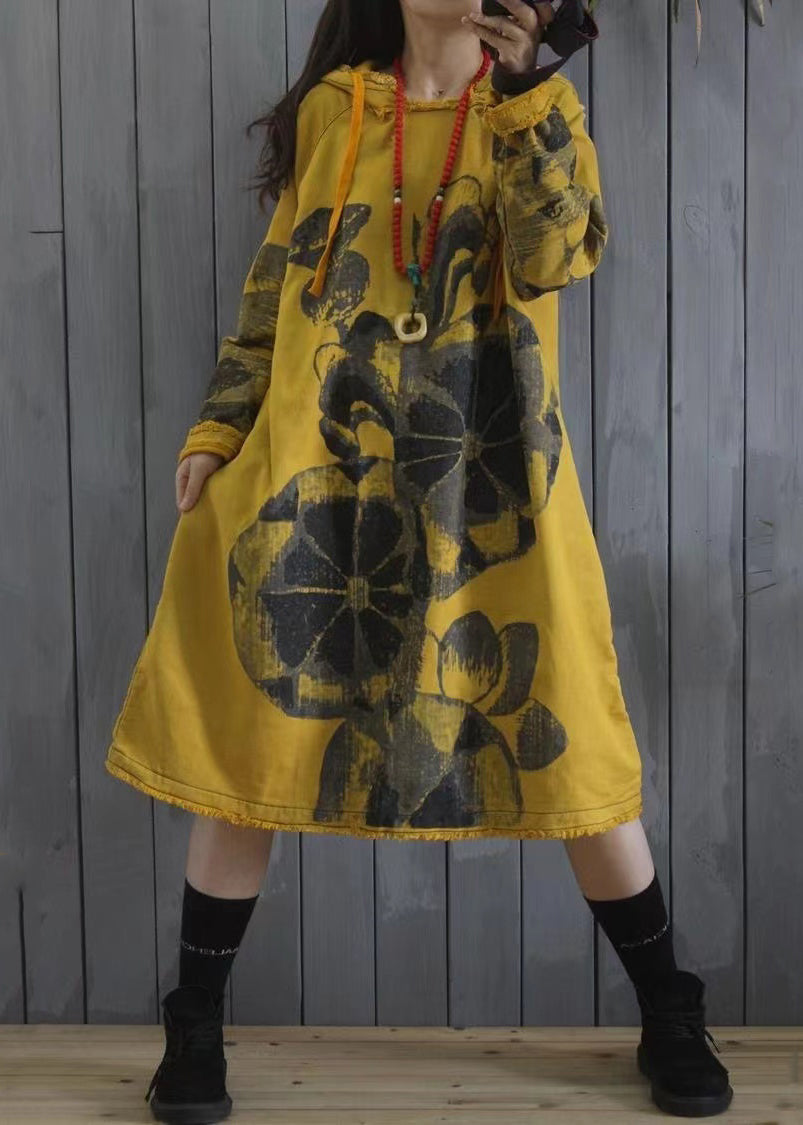 Bohemian Purple Hooded Print Patchwork Cotton Dress Spring