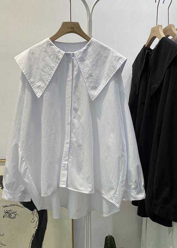 Bohemian white-flower Peter Pan Collar Button asymmetrical design Fall Long sleeve Top