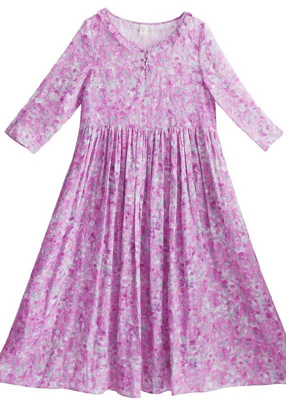 Bohemian Purple Print Quilting Dresses O Neck Ruffles Maxi Summer Dress - Omychic