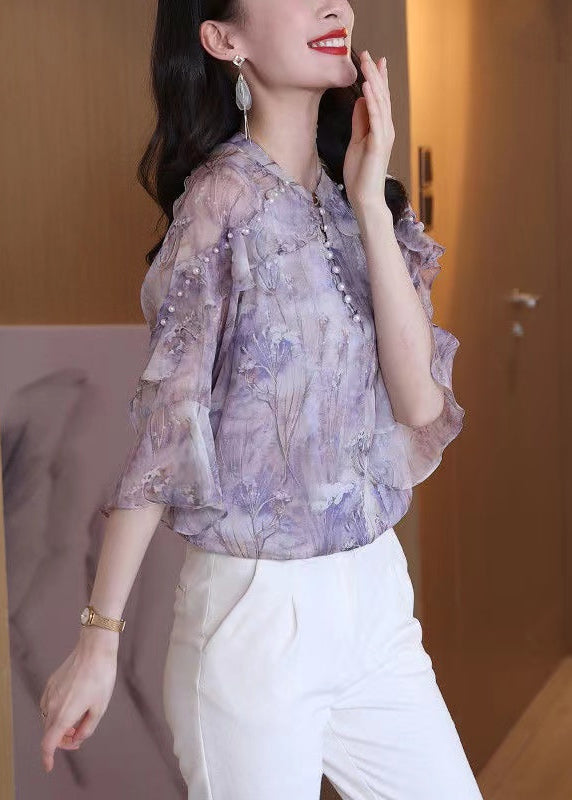 Bohemian Purple Ruffled Print Nail Bead Chiffon Shirt Top Spring