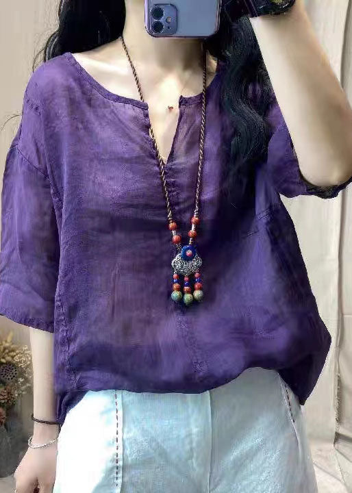 Bohemian Purple V Neck Patchwork Linen T Shirt Top Summer