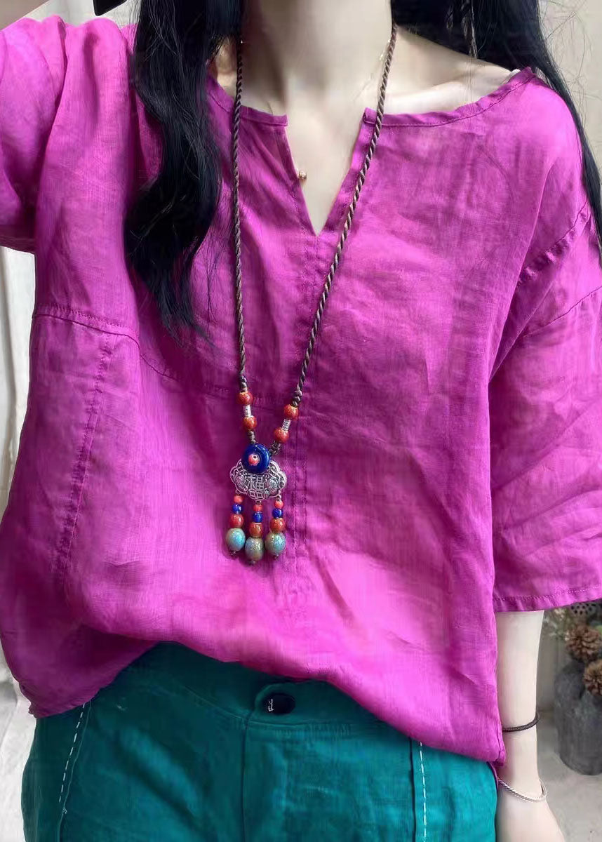 Bohemian Purple V Neck Patchwork Linen T Shirt Top Summer