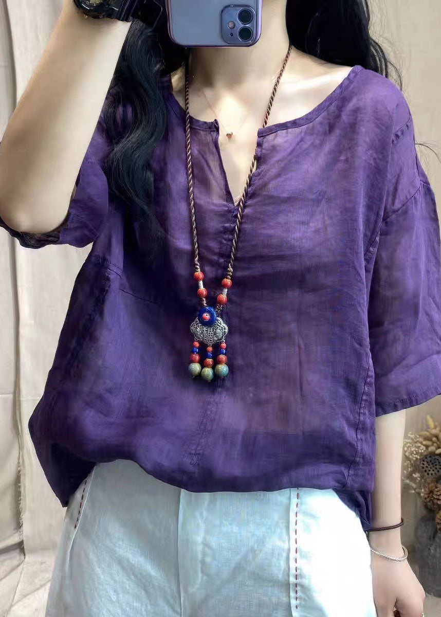 Bohemian Purple V Neck Patchwork Linen T Shirt Top Summer