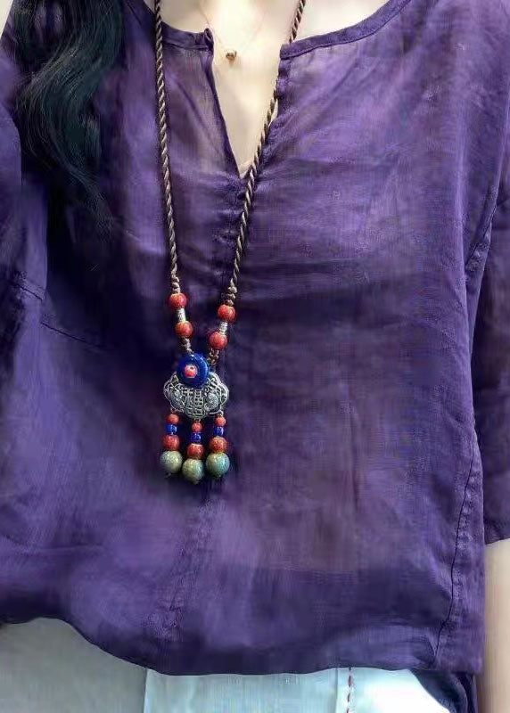 Bohemian Purple V Neck Patchwork Linen T Shirt Top Summer