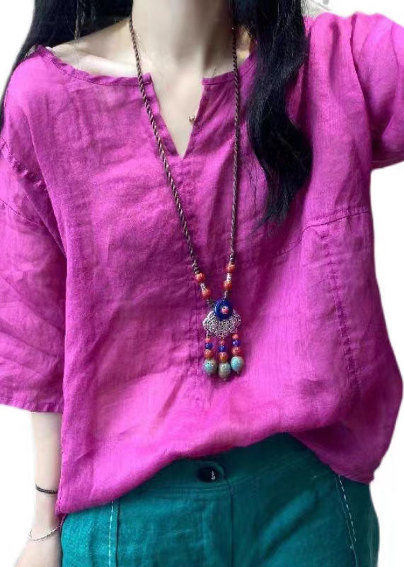 Bohemian Purple V Neck Patchwork Linen T Shirt Top Summer