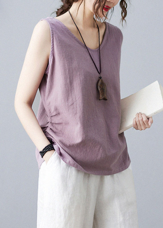 Bohemian Purple V Neck Wrinkled Solid Color Linen Vests Sleeveless - Omychic