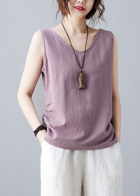 Bohemian Purple V Neck Wrinkled Solid Color Linen Vests Sleeveless - Omychic