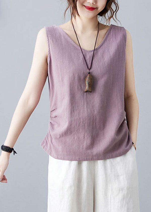 Bohemian Purple V Neck Wrinkled Solid Color Linen Vests Sleeveless