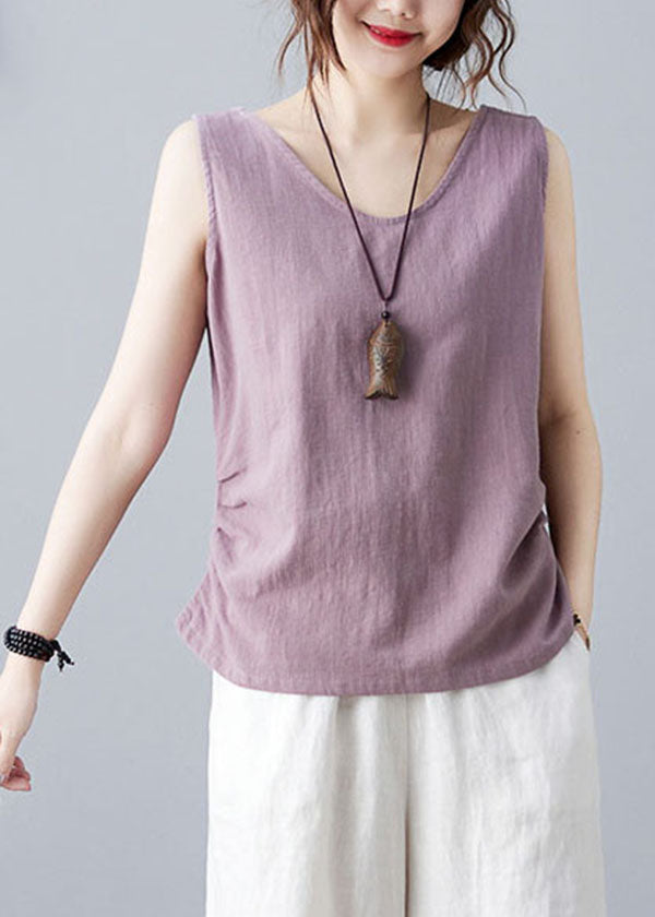 Bohemian Purple V Neck Wrinkled Solid Color Linen Vests Sleeveless - Omychic
