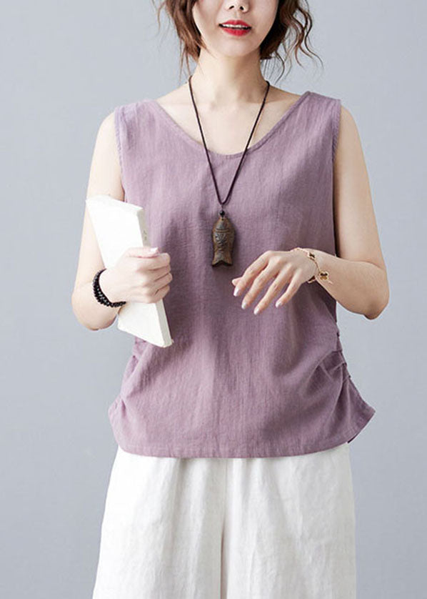 Bohemian Purple V Neck Wrinkled Solid Color Linen Vests Sleeveless - Omychic