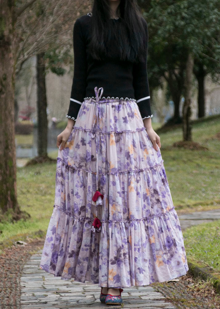 Bohemian Purple Wrinkled Print Patchwork Cotton Skirts Summer