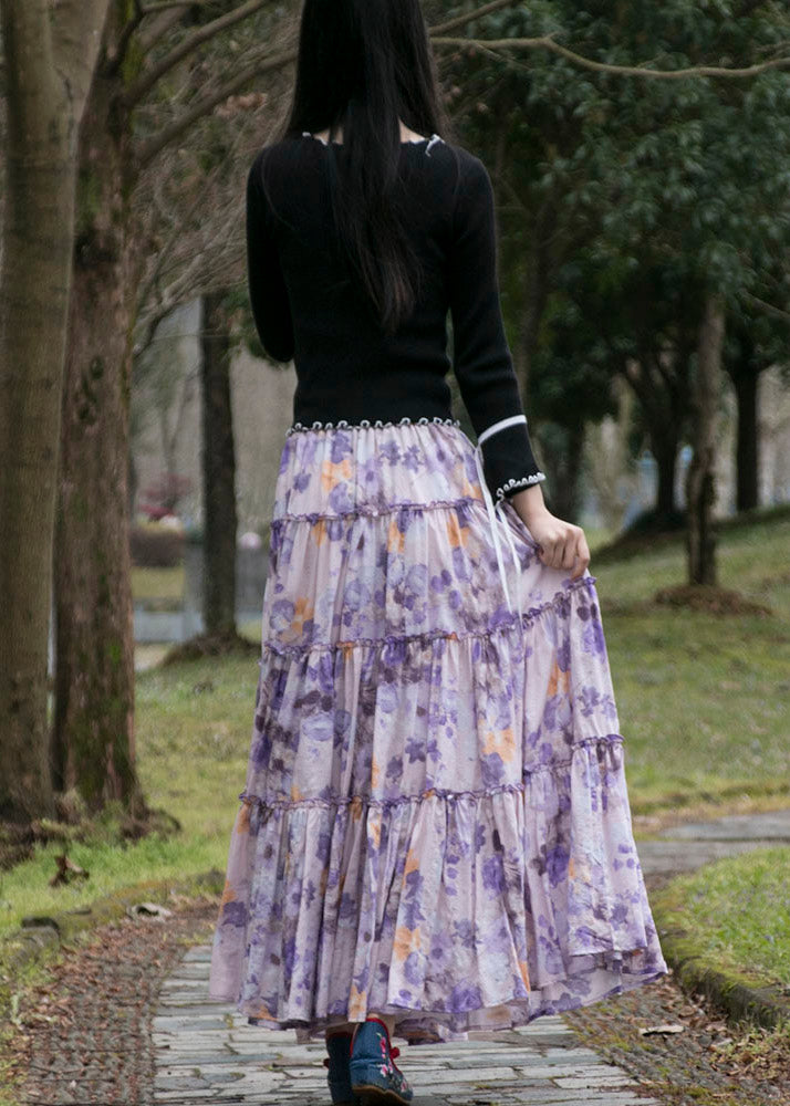 Bohemian Purple Wrinkled Print Patchwork Cotton Skirts Summer