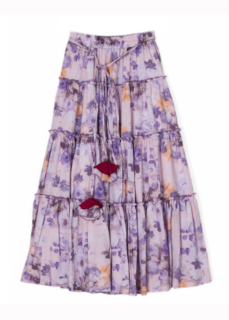 Bohemian Purple Wrinkled Print Patchwork Cotton Skirts Summer