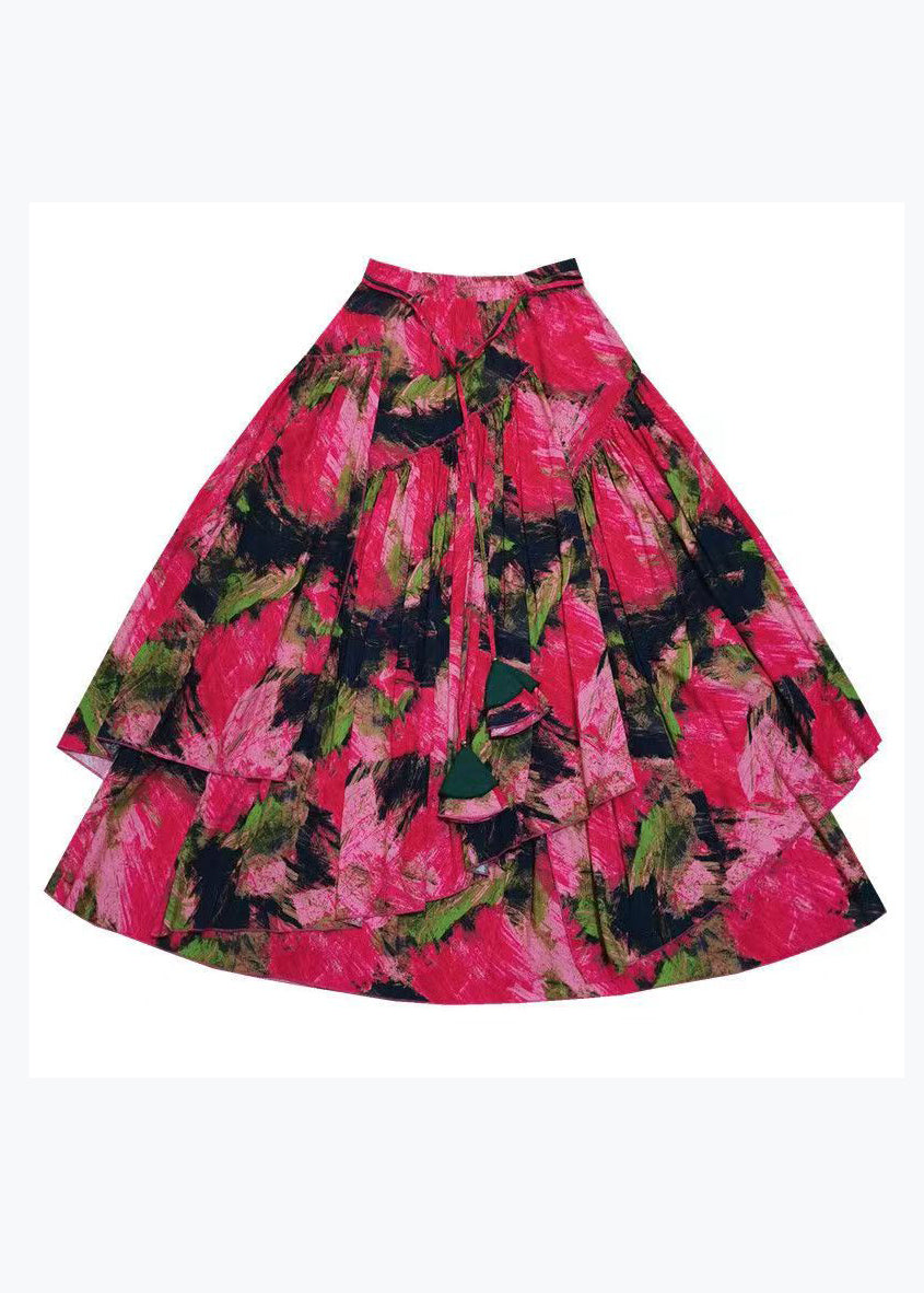 Bohemian Red Asymmetrical Print Exra Large Hem Cotton Skirt Spring