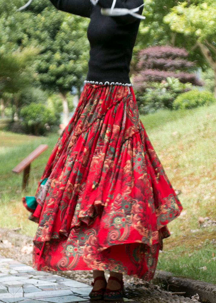 Bohemian Red Cinched Print Patchwork Exra Large Hem Cotton Skirts Fall