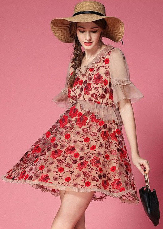 Bohemian Red Embroideried Patchwork Tulle Vacation Dress Short Sleeve