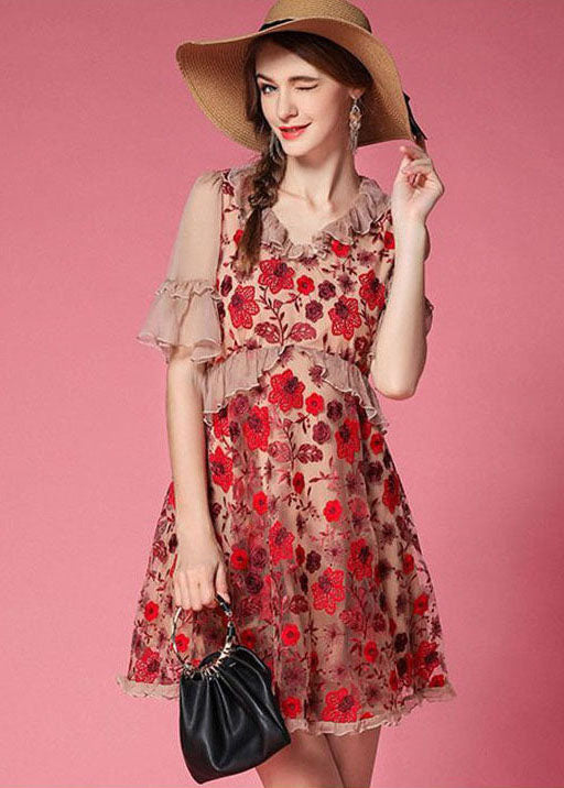 Bohemian Red Embroideried Patchwork Tulle Vacation Dress Short Sleeve