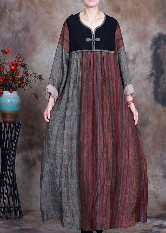 Bohemian Red Green retro Patchwork Print Fall Long sleeve Long Dresses - Omychic