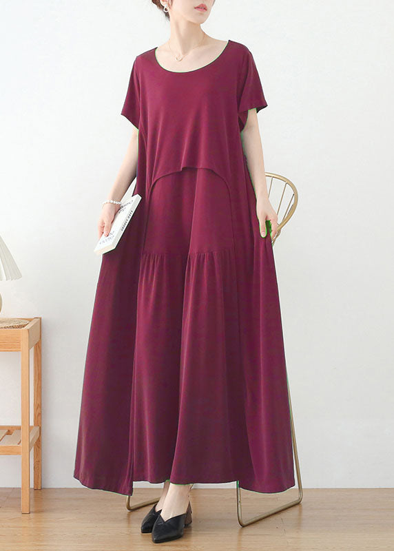 Bohemian Red O-Neck Exra Large Hem Long Dress Short Sleeve