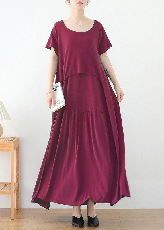 Bohemian Red O-Neck Exra Large Hem Long Dress Short Sleeve