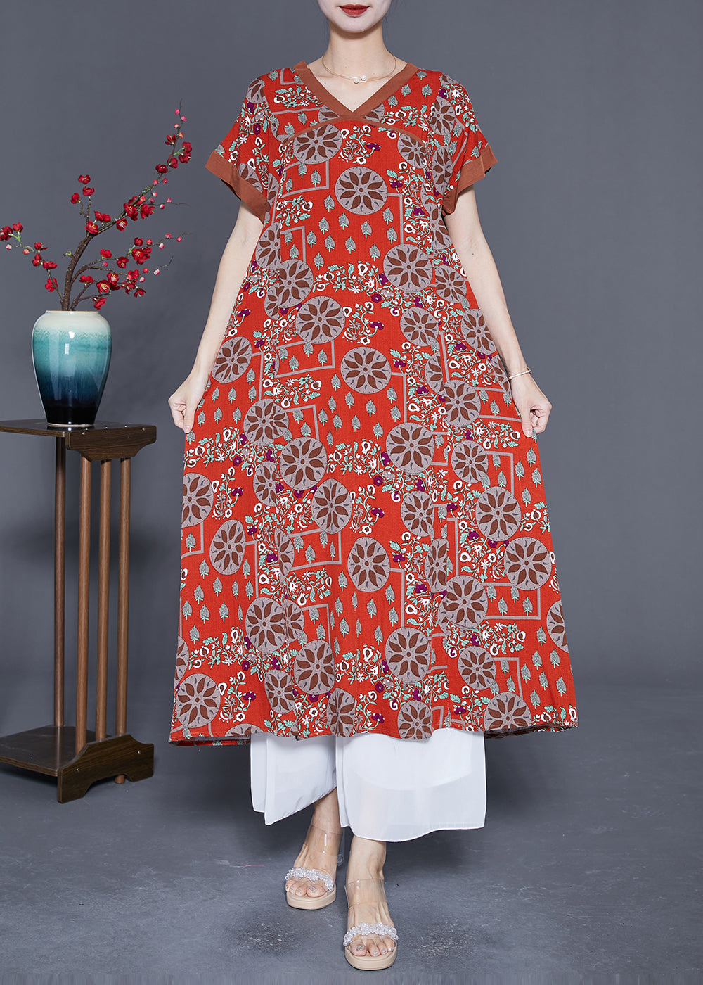 Bohemian Red O-Neck Print Cotton Long Dress Summer