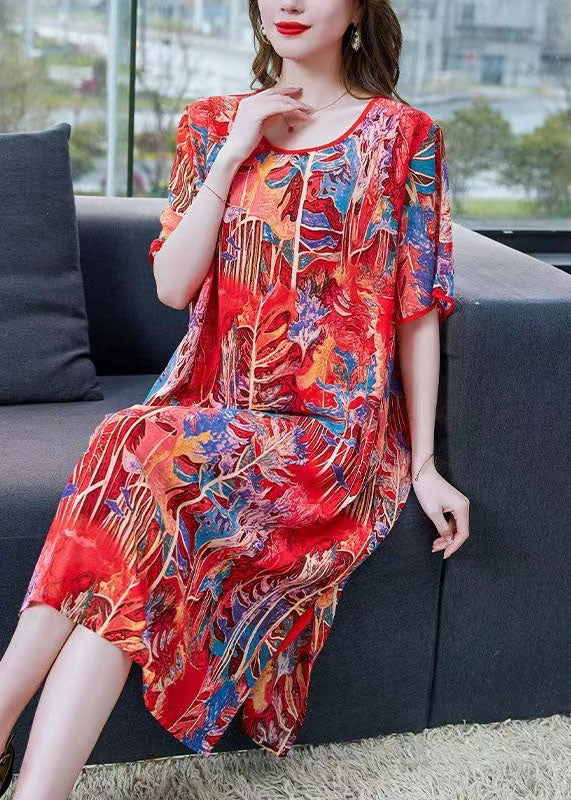 Bohemian Red O Neck Print Patchwork Silk Mid Dress Summer