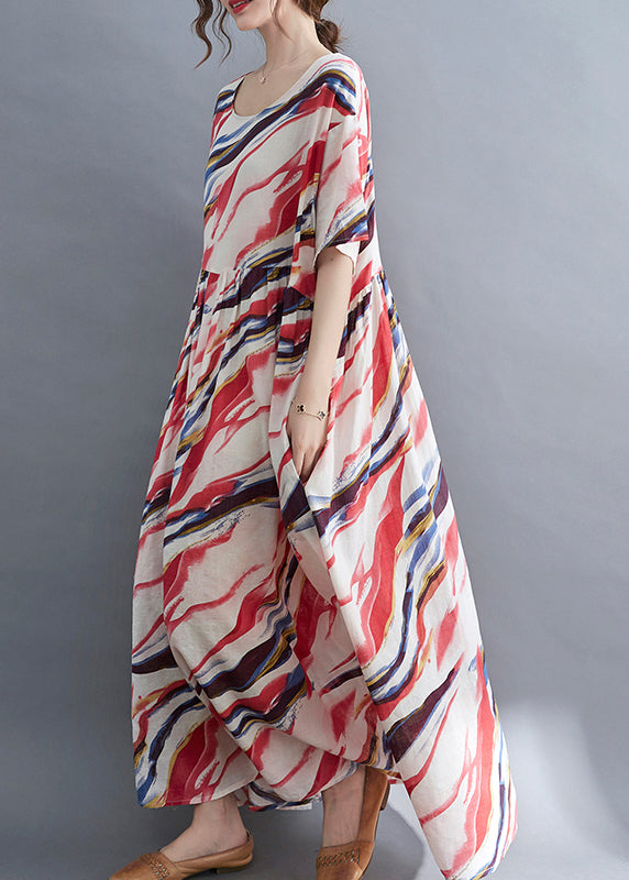 Bohemian Red O-Neck Print wrinkled Long Dress Short Sleeve