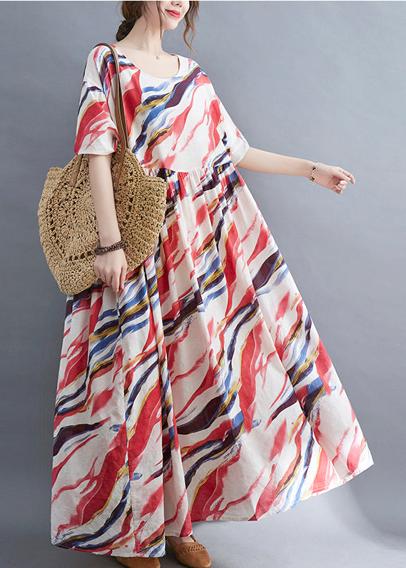 Bohemian Red O-Neck Print wrinkled Long Dress Short Sleeve