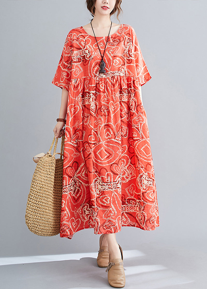 Bohemian Red Oversized Print Exra Large Hem Cotton Dress