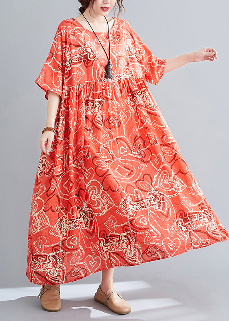 Bohemian Red Oversized Print Exra Large Hem Cotton Dress