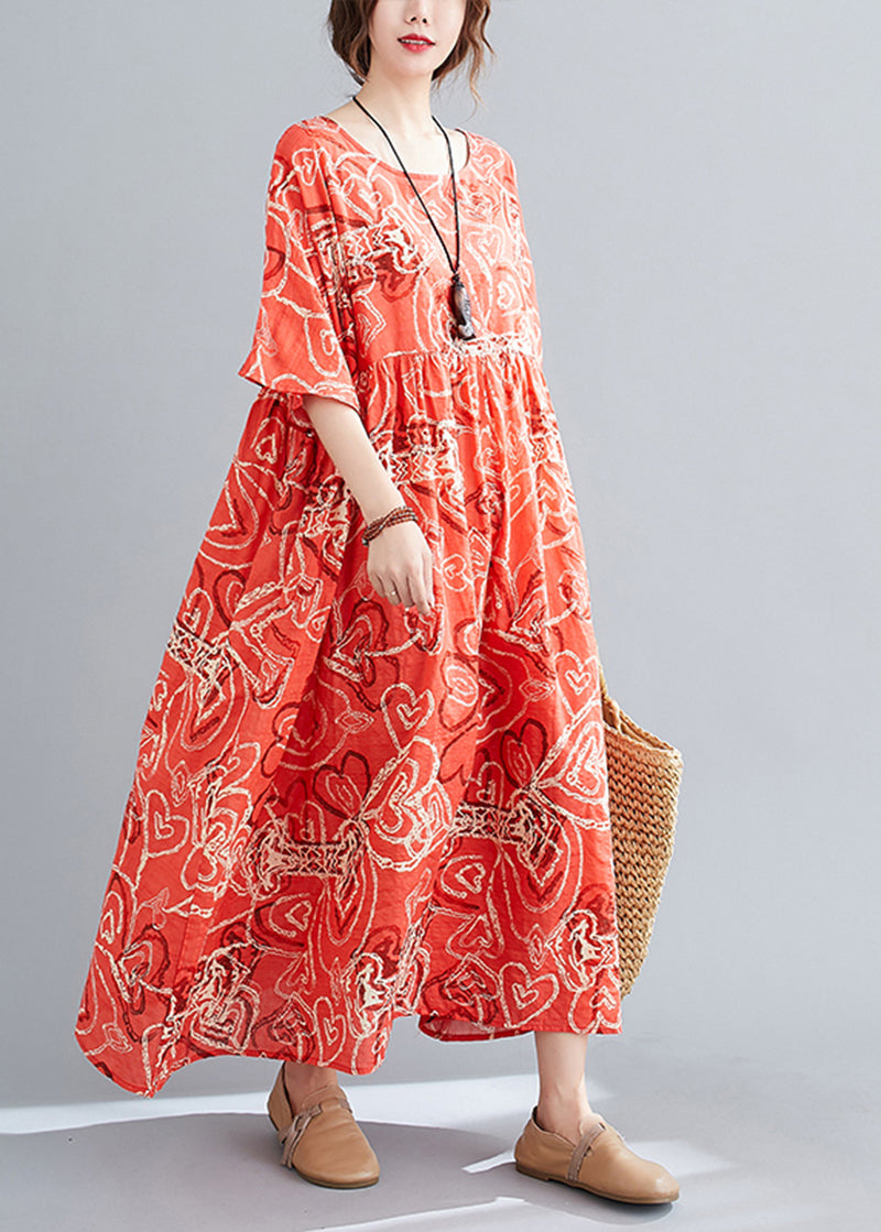 Bohemian Red Oversized Print Exra Large Hem Cotton Dress