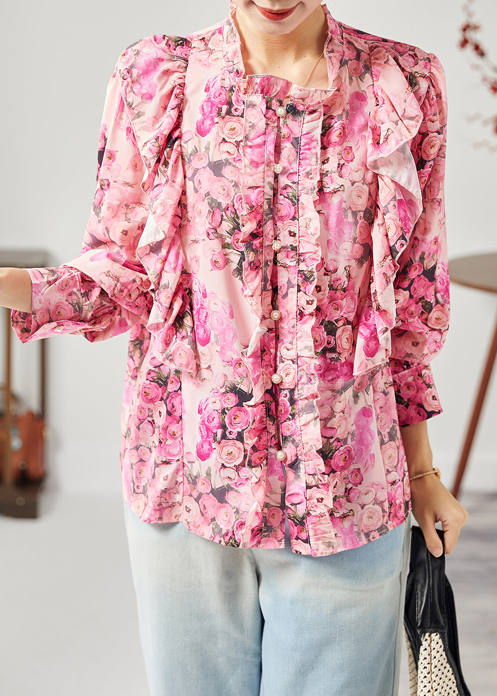 Bohemian Red Print Patchwork Ruffled Silk Shirt Tops Spring