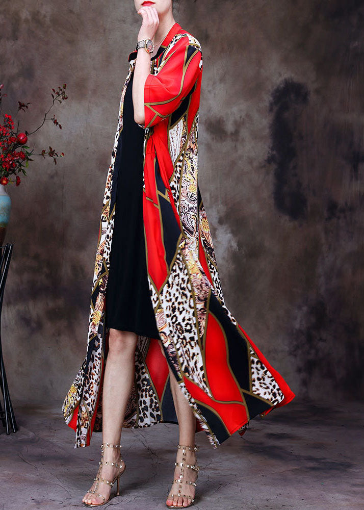 Bohemian Red Stand Collar Leopard Print Chiffon Long Cardigans Summer