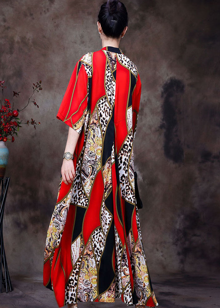 Bohemian Red Stand Collar Leopard Print Chiffon Long Cardigans Summer