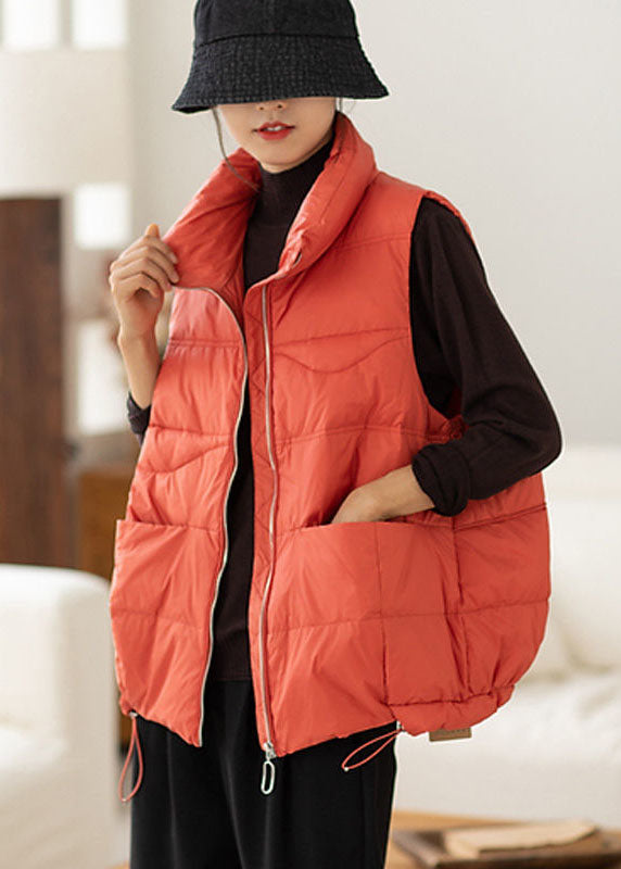Bohemian Red Stand Collar Zip Up Pockets Drawstring Duck Down Vest Winter